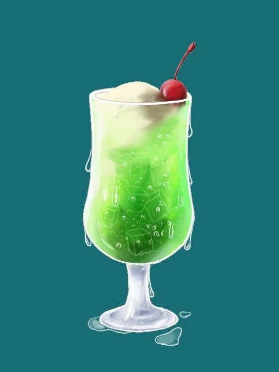 深い青緑を背景に描かれた緑のクリームソーダ